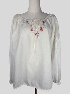 VTG Victorias Secret '02 White Embroidered Peasant Blouse Sz M Lace Trim Boho